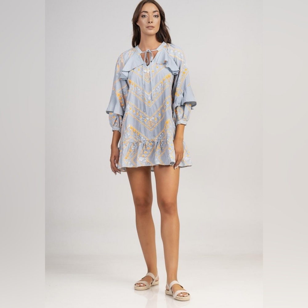 NWT 100% Greek Linen Embroidered Ruffle Mini Dress with Pockets - Aether Concept - Picture 7 of 7